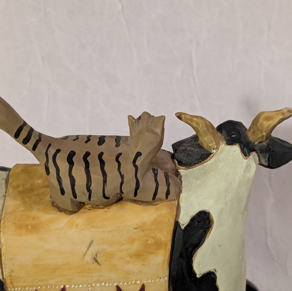 WilliRaye Studio Cow & Cat Figurine Wheels Pull Toy Rustic Farm Country Decor - Picture 6 of 13